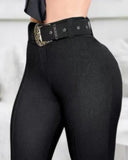Black Tight High-Stretch Trousers And Women's Trousers With Belts In Stock-Outfit