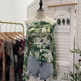 Vintage Graffiti-Printed Shoulder-Threin Mesh Long-Sleeved Blouse Side Drawstring Tethered With Slime T-Shirt