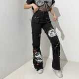 New Street Style Cool Wind Design Feeling Printed Metal Button Denim Pendant Trousers-Outfit