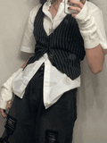 V Neck Pinstriped Button Corset Top-Outfit