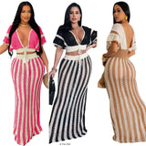 Fongt Knitted Suit Woman Sexy V-Necked Leaf Sleeve Top + Striped Ass Skirt Two