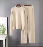 Basic Two Piece Knitted Loose Pants and O Neck Sweater Women 2021 Autumn Winter Warm Sets Female Tracksuits