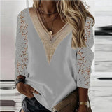 Elegant Lace Stitching Women Blouse Long Sleeve Tops Spring Hollow Out Vintage Shirt Casual Loose Clothes Blusas