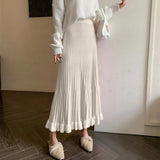 Pleated Patchwork Mid-length A-line Knitted Skirt-Outfit