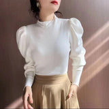 Korean Version Semi-High Round Collar Design Bubble Sleeve Knitted Sweater Autumn And Winter New Foreign Style Pullover Women's Dress-Outfit