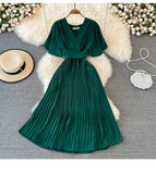 Fongt New V-Neck Short-Sleeved Dress Over Knee-Repaired Lady's Waist Tie Mid-Slap Dress