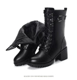 Boots Women Genuine Leather High-heeled Large Size Motorcycle Boots Women New Wool Warm Winter Boots for