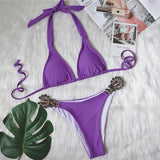 Fongt Sexy Bikini Color Female Split Strap Deluxe Crystal Diamond Swimsuit Metal Accessory