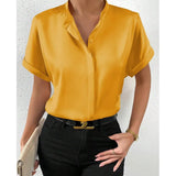 Women's Dress Solid Color Satin Short-Sleeved Shirt With Shoulder Collar Short-Sleeved Shirt Satin Shirt-Outfit