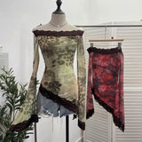 Tie-Dyed Leopard Print Lace Spliced Double-Layer Mesh Shoulder Irregular Loudspeaker Top
