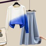 Women Autumn Winter Warm Knitted Two Pieces Sets Korean Long Sleeve Pullover Sweater Top And High Waist Knitting Skirts