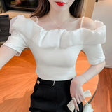 Neck T Shirts Girls Patchwork Stretchy Slim Tshirt Top Women Summer Black White Short Sleeve Tees With Straps-Outfit