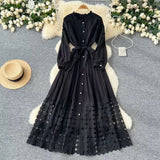 Fongt Retro Hollow Hook Lace Splicing Bow Strap With Waist Single Buckle Over Knee Dress New Autumn New