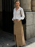 Sued Brown Maxi Skirt-Outfit