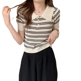 Chic Chromic Design With A Chic Polo Collar Knitted Shirt For Women's Summer T-Shirt Striped Short