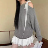 Lace Tie Oversized Patchwork Knitted Tee-Outfit