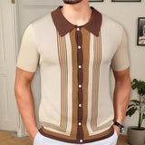 Fongt Men's Summer New Striped R-Neck Knits Short-Sleeved Business Polo Shirts Men's
