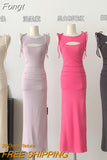 Women Fashion Solid Midi Dress Vintage Backless Sling Dress Thin Straps Female Dresses
