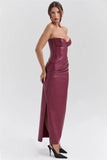 Burgundy Strapless PU Leather Maxi Dress-Outfit