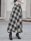 Fongt Autumn Lady High-Rise Thin Lattice A-Shaped Skirt Party Casual Loose Swing Umbrella Skirt