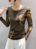 Printing Positioning Flower Long Sleeved Round Neck Slim Fit Top Women Autumn Spring Stretchy Mesh T-shirts FF0875-Outfit