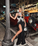 Black Cupped Cut-Out Rhinestone Tassel Maxi Dress-Outfit