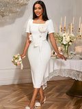 Fongt Elegant Square Collar Lotus Leaf-Side Dress Banquet Temperament Flower High-Waisted Hip Dress Dresses