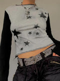 Star Graphic Print Vintage Crop Top Long Sleeve T Shirt Women Grey Patchwork Pullovers Autumn Casual Basic Cotton