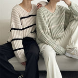 New 2022 Vintage Chic Striped Pullovers Elegant Lady Oversized Wild Women Spring Autumn Sweaters Knitted Tops