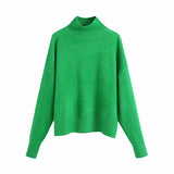 Women Simply Mock Neck Solid Green Color Casual Knitting Sweater Female Chic Basic Long Sleeve Pullovers Brand Tops