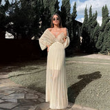 Fongt Summer New Women's Sexy Thin Dress V Collar Shawl Sleeve Hollow White
