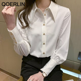 Girly Imitation Silk White Shirt Texture Elegant Commuting Style Plus Size Blouse Turn Down Button Puff Sleeve Top