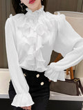 Stand Collar Chiffon Lace Shirts Korean Ruffles Stitching Elegant Button Blouse Woman Long Flare Sleeve Loose Tops