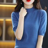 Fongt And Summer Loose And Versatile Wool Knit Short Sleeve Women Plus-Size Round-Neck Solid Color Bottom Knit T-Shirt Thin-Outfit