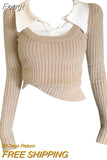 Winter Fashion Women's Fake Two Piece Lapel Collar Knitwear Sweaters Black Casual Slim Pullover Tops All-Match Korean