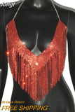 Rhinestones Tassel Party Crop Top Woman Fashion Halter Neck Backless Design Full Diamond Sequins Nightculb