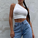 Ruched One Shoulder Crop Top-Outfit