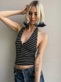 Fongt Wind Street Personality Hottie Striped Small Vest Three-Grained U-Neck Hanging Neck Knitting Top Casual Women's Clothing