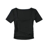 Trendy Women's T-Shirt Slim Style Square Collar Wrinkled Candy Color Short-Sleeved Elastic Blouse-Outfit