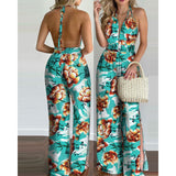 New Style Women Floral Print Long Jumpsuits Summer Sleeveless Deep V-neck Backless Halter Loose Jumpsuit For Holiday
