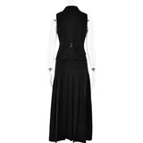 Buttoned Vest And Pleated Midi Skirt Two Piece Set-Outfit