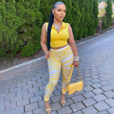 Piece Set Women Sporty Sleeveless Crop Top+Skinny Print Leggings Matching Outfit Female Concise Cool