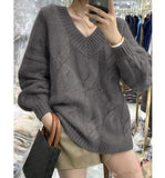 Basic Oversize Cotton Thick Sweater Autumn Loose Cashmere Sweater Elegant Long Sleeve V-neck Warm Pullovers Female