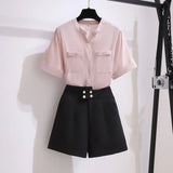 Women 2 Pieces Shorts Sets Summer Sweet Korean Bow Collar Tops And Shorts 2 Pieces Sets Women Clothing Two Pieces Outfits