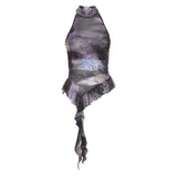 Fongt 2024 New Women's Half High Collar Flounce Sleeveless Print Mesh Slim Small Vest-Outfit