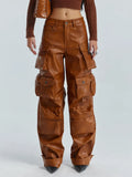 Fongt Cargo Pants Fall 2024 New Personality Splicing Loose PU Leather Pants Casual Wide-Leg Pants Women-Outfit