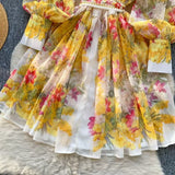 Fongt Style Dress Women High-End Elegant Collar Lantern Sleeve Single Buckle Waist Print Chiffon Long Dress