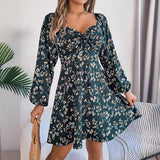 Shooting 2025 Autumn And Winter Casual Sexy Tie Side Collar Broken Flower Long-Sleeved A Dress Women's