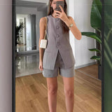 Fongt Summer New Women's Buttons Solid-Colored Broad Leg Pants Temperament Commut Fashion Set