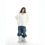 Fongt Autumn White Double Zipper Hooded Stingy Sweater Cardigan Soft Mashed Sweet Hot Girl Blouse